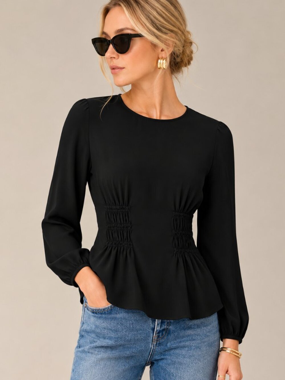 J. Crew Shirred-Waist Top in Viscose Crepe Black 4 #A3097